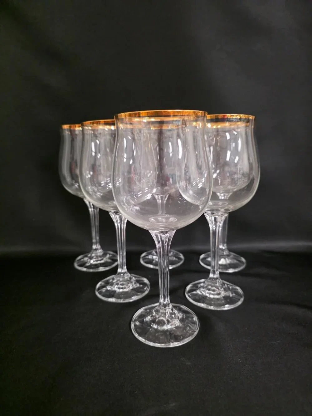 Vtg Bohemia Crystal Geneve Gold Rim Wine Glasses Set of 6 Tulip Czech Art